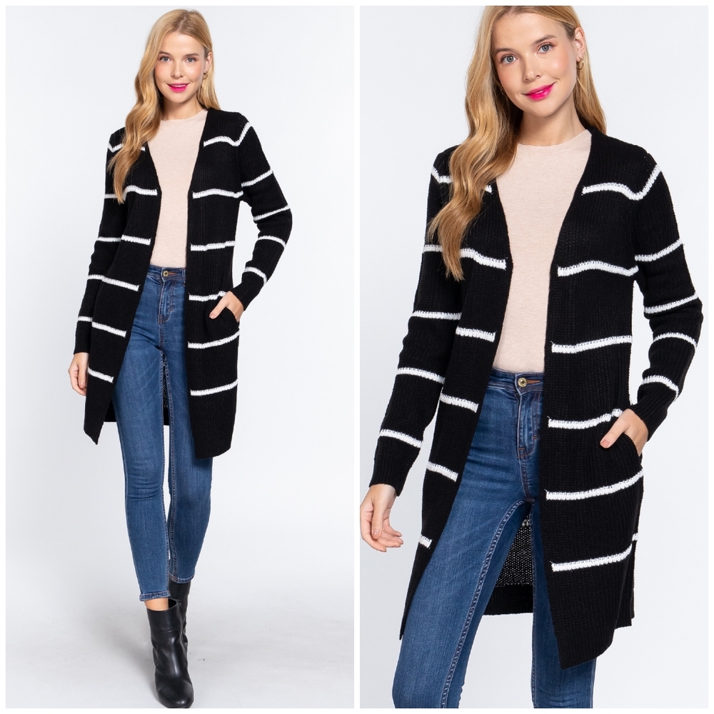 Cozy Chic Black Striped Longline Open Card…